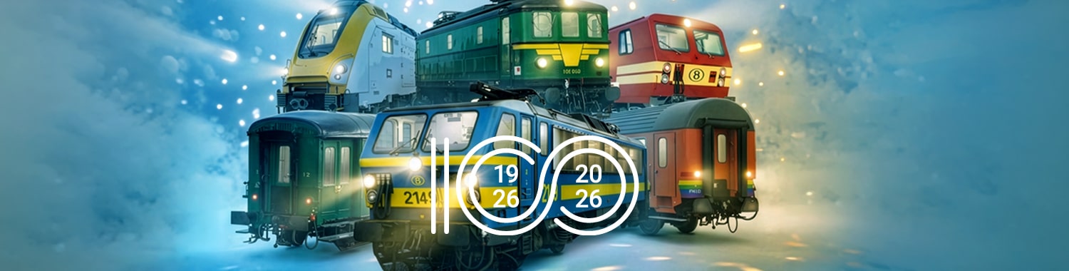 Collection de trains historiques à Schaerbeek, avec dates 1926 et 2026