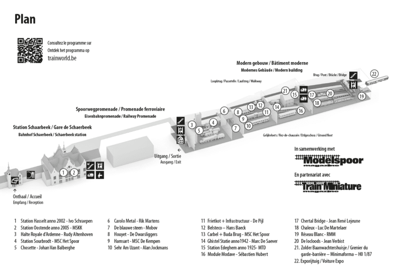 Station Schaerbeek floor plan with labeled areas and QR code