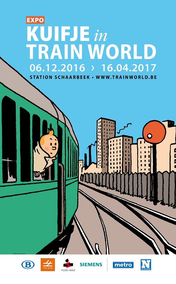 Kuifje trein wereld expo, illustratie van Kuifje in een groene trein