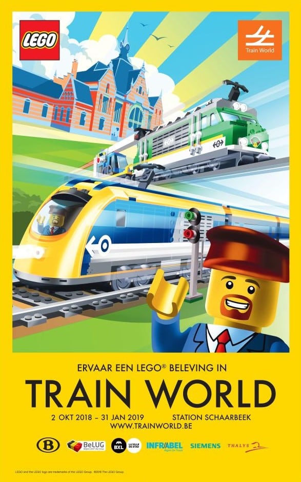 LEGO Train World expo poster met LEGO-treinen en station