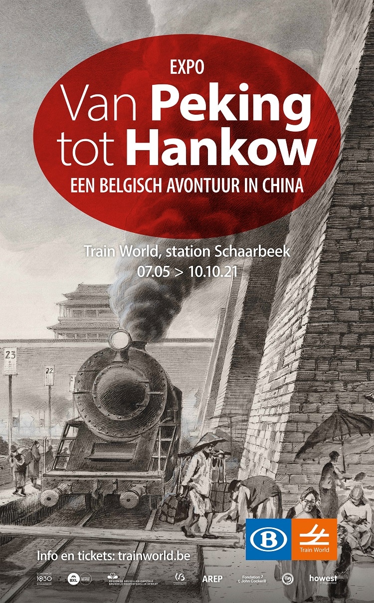 Expo Van Peking tot Hankow poster met trein en Chinese figuren.