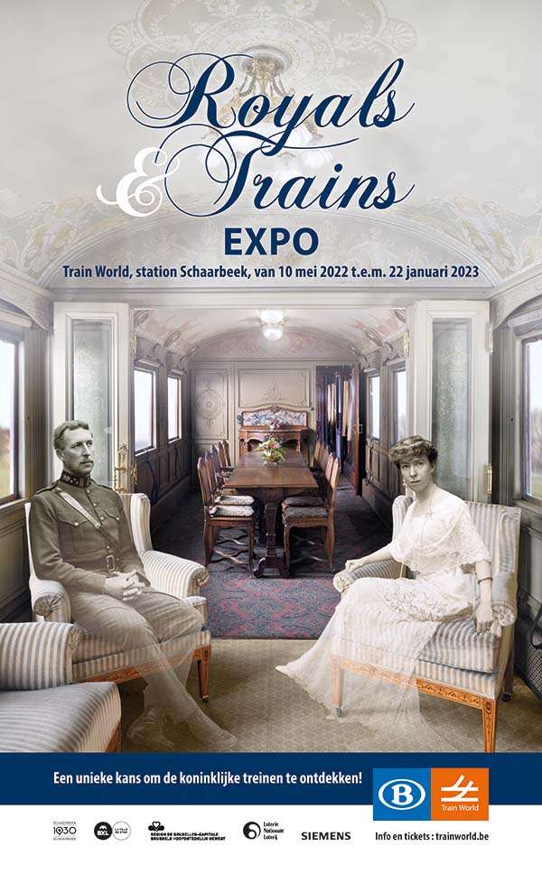 Royals & Trains EXPO poster met koninklijk paar in treinwagon
