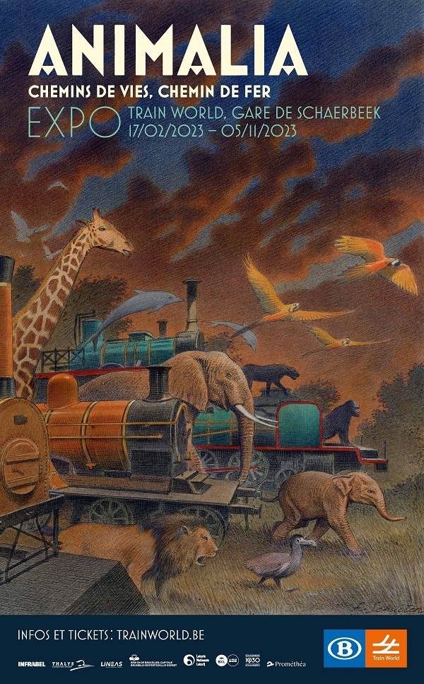 Affiche "Animalia Expo" : animaux et trains à la Gare de Schaerbeek, du 17/02 au 05/11/2023.
