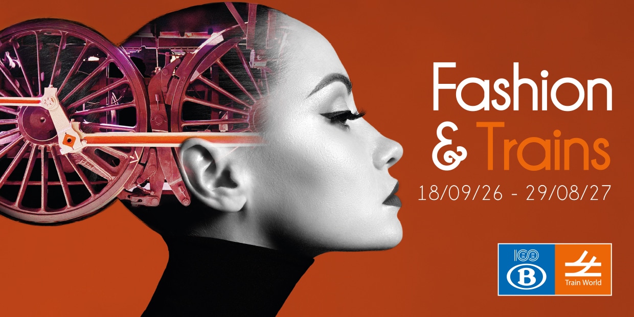 Visuel conceptuel : tête de femme avec des roues de train, "Fashion & Trains", 18/09/26 - 29/08/27