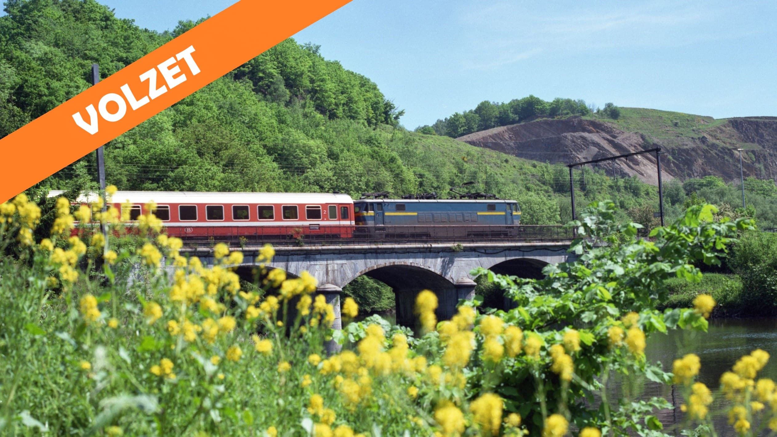 Trein op brug met gele bloemen op de voorgrond, 'Volzet' tekst