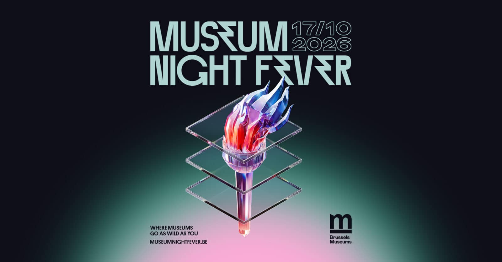 Affiche Museum Night Fever 2026 avec une torche stylisée et le logo des musées de Bruxelles.