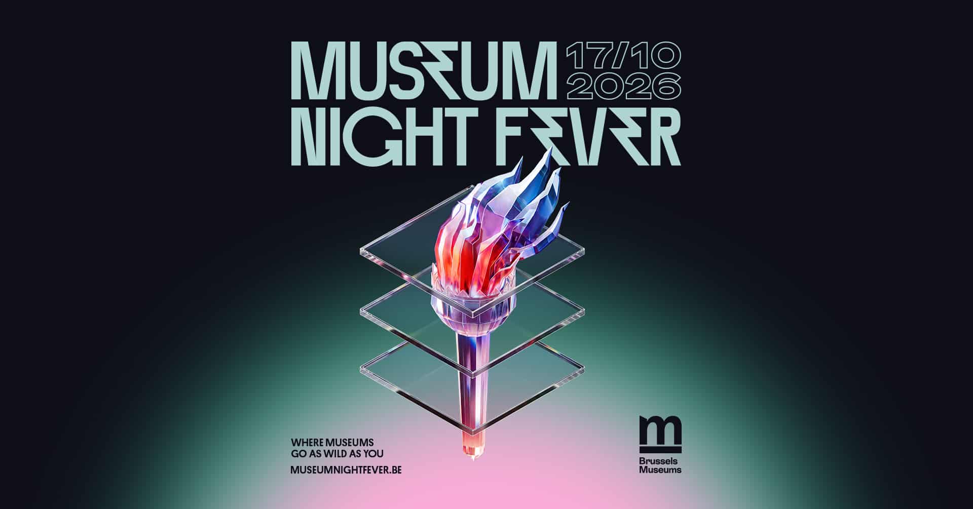 Affiche Museum Night Fever 2026 avec une torche stylisée et le logo des musées de Bruxelles.